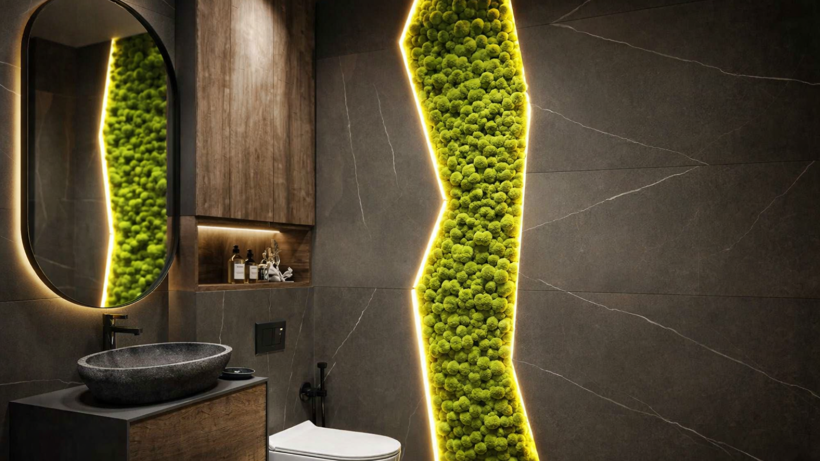 Nische mit Beleuchtung und lebendem Moos im Badezimmer — Schritt-für-Schritt-Montage